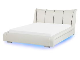 Waterbed White Leather EU Double Size 4ft6 Accessories Wave Reduction LED Lights Large Headboard Modern 