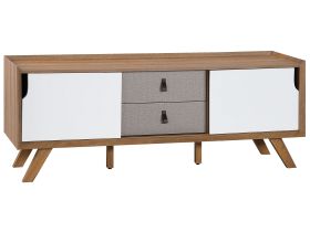 Sideboard Light Wood Veneer 56 x 147 x 42 cm with 2 White Sliding Doors and 2 Grey Drawers 
