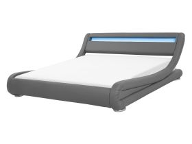 Platform Waterbed Grey Faux Leather 4ft6 EU Double Size with Mattress Accessories LED Illuminated Headboard  