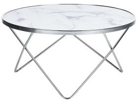Coffee Table White Marble Effect Tempered Glass Top Silver Metal Hairpin Legs Round Shape 