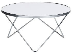 Coffee Table White Tempered Glass Top Silver Metal Hairpin Legs Round Shape 