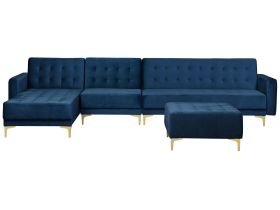 Corner Sofa Bed Navy Blue Velvet Tufted Fabric Modern L-Shaped Modular 5 Seater with Ottoman Right Hand Chaise Longue 