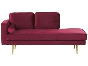 Chaise Lounge Dark Red Velvet Upholstered Left Hand Orientation Metal Legs Bolster Pillow Modern Design 