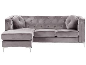 Corner Sofa Grey Velvet Upholstered 3 Seater Right Hand L-Shaped Glamour Additional Pillows with Tufting and Nailhead Trims 