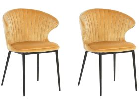 Set of 2 Dining Chairs Yellow Velvet Upholstery Black Legs Retro Industrial 