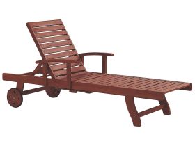 Garden Sun Lounger Light Acacia Wood Adjustable Backrest Inbuilt Castors Rustic Style 