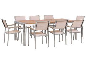 Garden Dining Set Light Eucalyptus Wood Top Steel Frame 220 x 100 cm with 8 Beige Chairs 