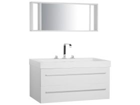 Bathroom Vanity Unit White and Silver 2 Drawers Mirror Modern 