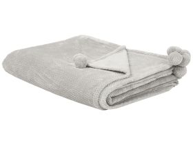 Blanket Grey Throw 150 x 200 with Pom Poms Soft Coverlet 