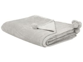 Blanket Light Grey Throw 150 x 200 with Pom Poms Soft Coverlet 