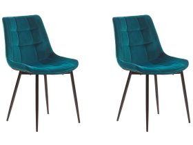 Set of 2 Dining Chairs Blue Velvet Black Steel Legs Modern Upholstered Chairs 