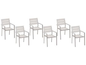 Set of 6 Dining Garden Chairs White Plastic Wood Slatted Back Aluminium Frame Outdoor Chairs Set 