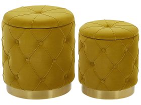 Set of Storage Pouffes Mustard Polyester Velvet Button Tufted Upholstery Golden Base Retro Design 