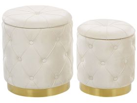 Set of Storage Pouffes White Polyester Velvet Button Tufted Upholstery Golden Base Retro Design 