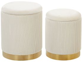 Set of 2 Storage Pouffes White Polyester Velvet Upholstery Gold Base Modern Design Horizontal Tuft Living Room Accent Piece 
