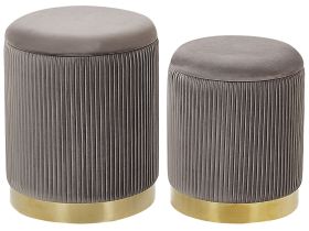 Set of 2 Storage Pouffes Grey Polyester Velvet Upholstery Gold Base Modern Design Horizontal Tuft Living Room Accent Piece 