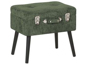 Stool with Storage Dark Green Corduroy Upholstered Black Legs Suitcase Design Buttoned Top  