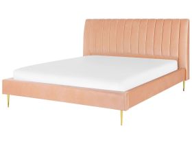 EU King Size Panel Bed Peach Velvet 6ft Slatted Base High Headrest Vintage 