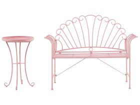 Outdoor Bench Set Pink Metal 2 Seater Flared Armrests with Table Vintage Style 