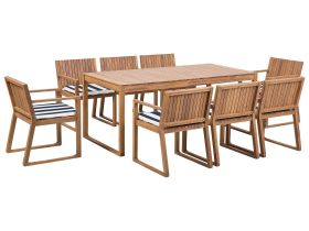 Garden Dining Set Light Acacia Wood Table 8 Chairs with Navy Blue and White Cushions Rustic Style 