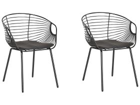 Set of 2 Dining Chairs Black Metal Wire Design Faux Leather Black Seat Pad Industrial Modern 