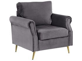 Armchair Dark Grey Velvet Fabric Upholstery Gold Metal Legs Removable Seat and Back Cushions Retro Glam Style 