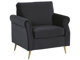 Armchair Black Velvet Fabric Upholstery Gold Metal Legs Removable Seat and Back Cushions Retro Glam Style 