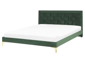 Upholstered Bed Frame EU Double 4ft6 Green Headboard Velvet Golden Legs  