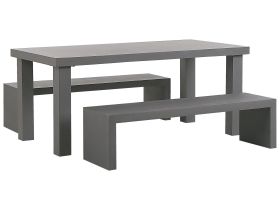 Garden Dining Set Grey Concrete Rectangular Table 2 U Shaped Benches 4 Seater Water Resistant 