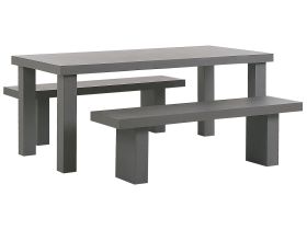Garden Dining Set Grey Concrete Rectangular Table 2 Benches 4 Seater Water Resistant 