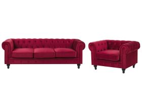 Chesterfield Living Room Set Dark Red Velvet Upholstery Black Legs 3 Seater Sofa + Armchair 