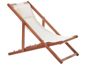 Garden Deck Chair Beige Fabric Seat Headrest Cushion Reclining Folding Acacia Wood Frame 