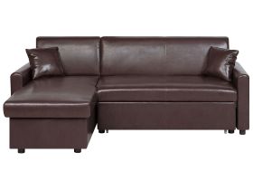 Corner Sofa Bed Dark Brown Faux Leather 3 Seater Right Hand Orientation with Storage 