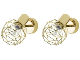 Set of 2 Wall Lamps Gold Metal Cage Shade Adjustable Light Position Modern Scones Glamour Style 