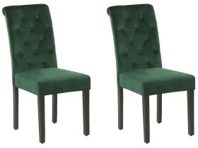 Set of 2 Dining Chairs Green Velvet Fabric with Decorative Ring Glam Modern Design Black Wooden Legs  