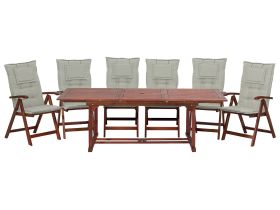 Garden Dining Set Light Acacia Wood Extending Table 6 Chairs with Taupe Cushions Adjustable Backrest Folding Rustic Style 