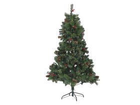 Artificial Christmas Tree Green Pre Lit 180 cm Synthetic Hinged Branches LED Fairy Lights Pine Cones Holly Berries Holiday  