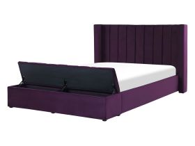 EU Double Size Panel Bed Violet Velvet 4ft6 Slatted Base High Headrest with Storage Bench 