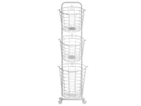 3 Tier Wire Basket Stand White Metal with Castors Handles Detachable Kitchen Bathroom Storage Accessory for Towels Newspaper Fruits Vegetables 