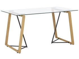 Dining Table Transparent 140 x 80 cm Tempered Glass Top Metal Light Wood Base Rectangular Scandinavian Modern 