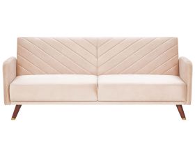 Sofa Bed Beige Velvet Fabric Retro Living Room 3 Seater Wooden Legs Track Arms 