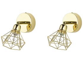 Set of 2 Wall Lamp Gold Metal Cage Shade Adjustable Light Position Modern 