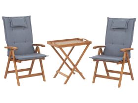 Garden Bistro Set Acacia Wood Table 2 Chairs with Blue Cushions UV Resistant Foldable 