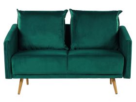 Sofa Emerald Green Velvet 2 Seater Back Cushioned Seat Metal Golden Legs Retro Glam 