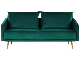 Sofa Emerald Green Velvet 3 Seater Back Cushioned Seat Metal Golden Legs Retro Glam 