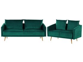 Living Room Set Emerald Green Velvet Back Cushions Metal Golden Legs Retro Glam 