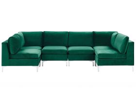 Modular Sofa Green Velvet U Shape 6 Seater Silver Metal Legs Glamour Style 