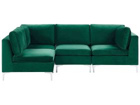Right Hand Modular Corner Sofa Green Velvet 4 Seater L-Shaped Silver Metal Legs Glamour Style 