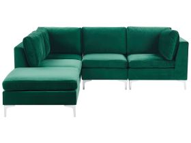 Right Hand Modular Corner Sofa Green Velvet 4 Seater with Ottoman L-Shaped Silver Metal Legs Glamour Style 