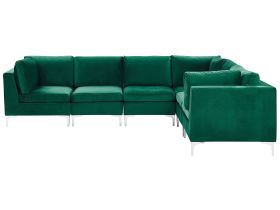 Left Hand Modular Corner Sofa Green Velvet 6 Seater L-Shaped Silver Metal Legs Glamour Style 